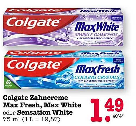 Colgate Zahnpasta Max Fresh, Max White oder Sensation White 75 ml