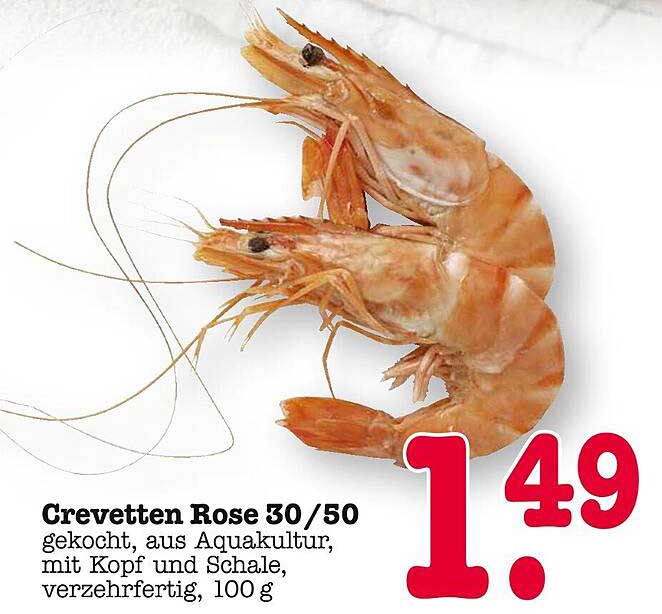 Crevetten Rose 30/50, gekocht, aus Aquakultur, mit Kopf und Schale, verzehrfertig, 100 g