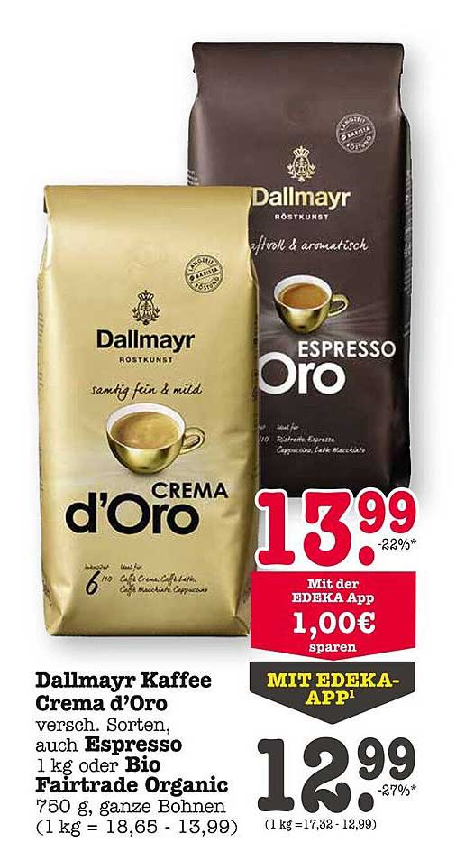 Dallmayr Kaffee Crema d'Oro 1 kg oder Bio Fairtrade Organic 750 g
