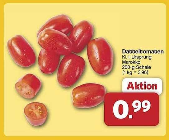 Datteltomaten Kl. I, Ursprung: Marokko 250-g-Schale (1 kg = 3,96)