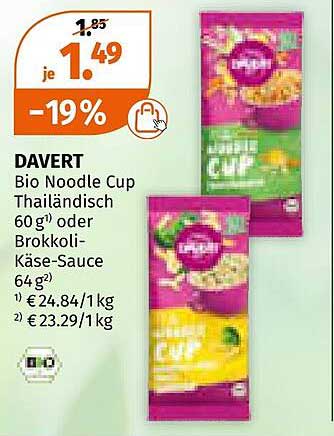 DAVERT Bio Noodle Cup Thailändisch oder Brokkoli-Käse-Sauce