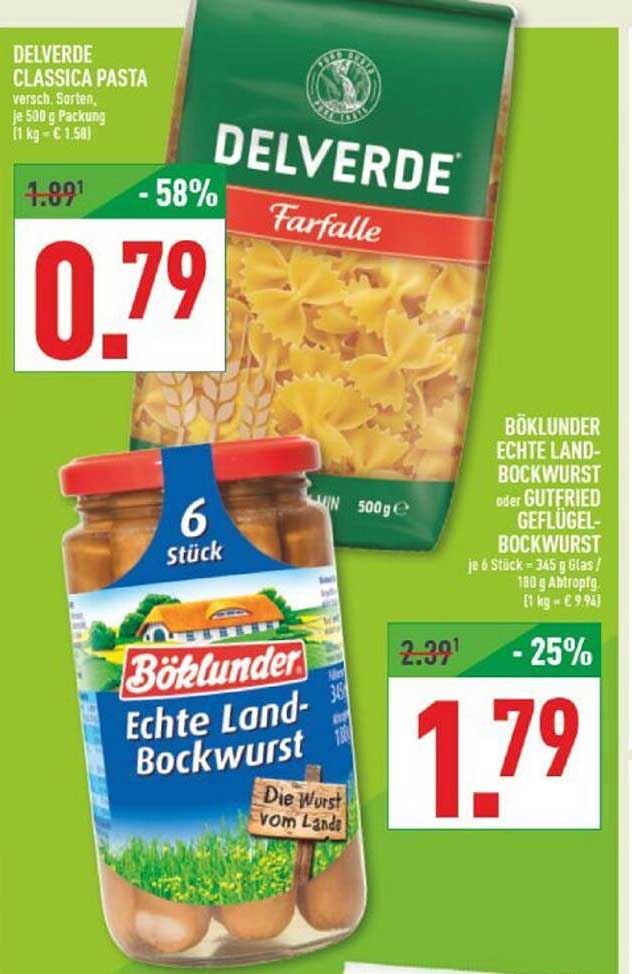 Delverde Classica Pasta Farfalle 500 g und Böklunder Echte Land-Bockwurst 6 Stück