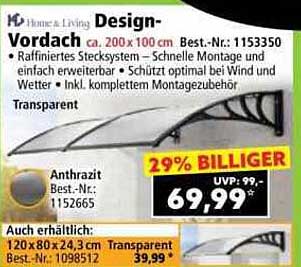 Design-Vordach ca. 200x100 cm - Raffiniertes Stecksystem