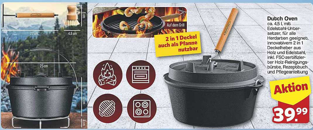 Dutch Oven ca. 4,5 l, mit Edelstahl-Untersetzer, für alle Herdarten geeignet