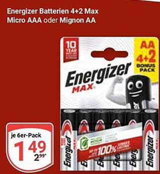 Energizer Batterien 4+2 Max Micro AAA oder Mignon AA