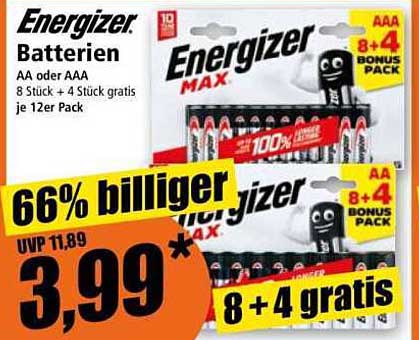 Energizer Max Batterien AA oder AAA 8 Stück + 4 Stück gratis