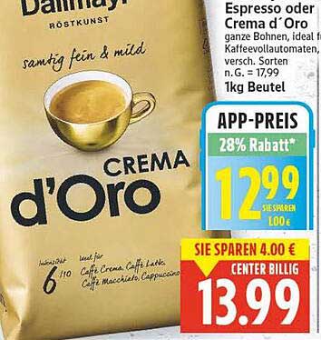 Espresso oder Crema d'Oro ganze Bohnen 1kg Beutel
