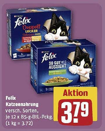 Felix Katzennahrung verschiedene Sorten, je 12 x 85-g-Btl.-Pckg.