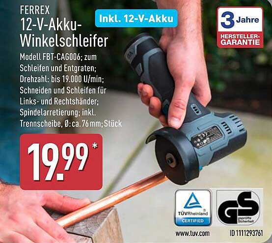 FERREX 12-V-Akku-Winkelschleifer inkl. 12-V-Akku