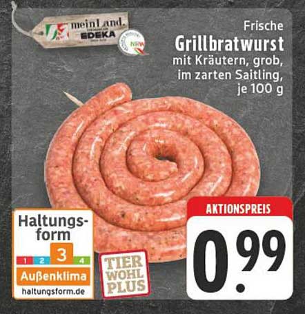 Frische Grillbratwurst mit Kräutern, grob, im zarten Saitling, je 100 g