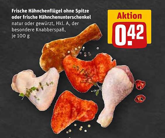 Frische Hähnchenflügel ohne Spitze oder frische Hähnchenunterschenkel, je 100 g