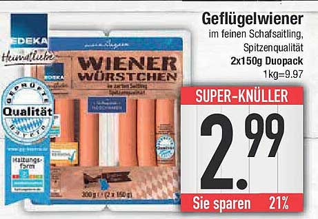 Geflügelwiener im feinen Schafsaftling, Spitzenqualität 2x150g Duopack