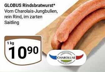 GLOBUS Rindsbratwurst* vom Charolais-Jungbullen, rein Rind, im zarten Saitling