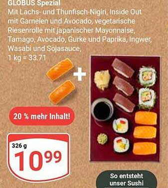 GLOBUS Spezial Sushi Platte mit Lachs- und Thunfisch-Nigiri, Inside Out und mehr
