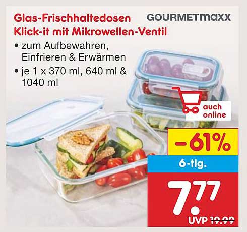 Gourmetmaxx Glas-Frischhaltedosen Klick-it mit Mikrowellen-Ventil 6-tlg.
