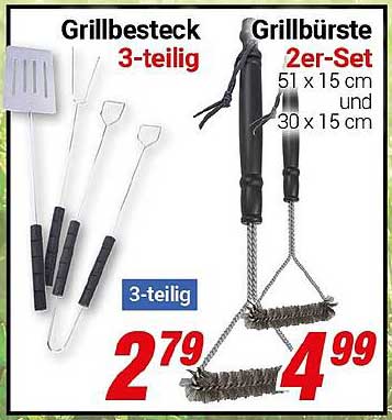 Grillbesteck 3-teilig und Grillbürste 2er-Set