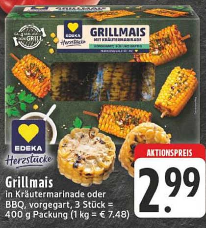 Grillmais in Kräutermarinade oder BBQ, vorgegart, 3 Stück – jetzt zum Aktionspreis!