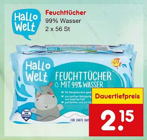 Hallo Welt Feuchttücher 99% Wasser 2 x 56 St