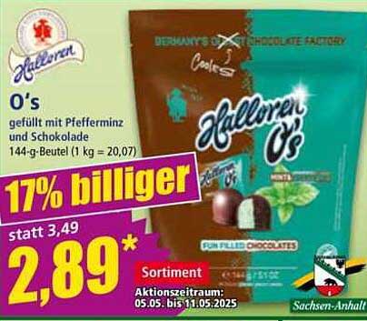 Halloren O's gefüllt mit Pfefferminze und Schokolade 144-g-Beutel