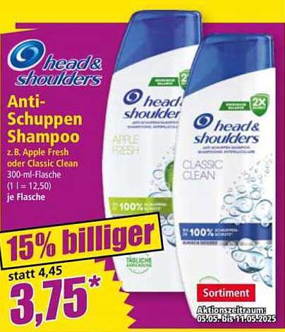head & shoulders Anti-Schuppen Shampoo – 300 ml Flasche (Apple Fresh oder Classic Clean)