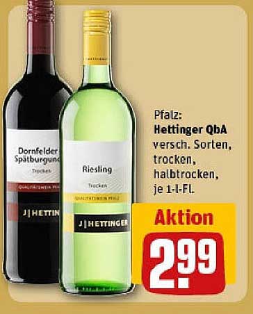 Heettinger QbA, verschiedene Sorten, halb trocken, je 1-Liter-Flasche