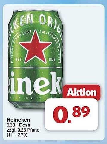 Heineken 0,33-l-Dose zzgl. 0,25 Pfand