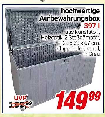 hochwertige Aufbewahrungsbox 397 l aus Kunststoff, Holzoptik, 2 Stoßdämpfer, 122 x 63 x 67 cm, Klappdeckel, stabil, in Grau