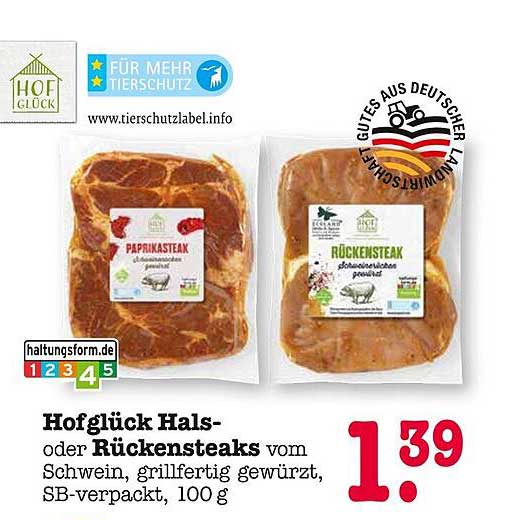 Hofglück Hals- oder Rückensteaks vom Schwein, grillfertig gewürzt, SB-verpackt, 100 g