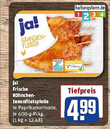 ja! Frische Hähnchen-Innenfiletspieße in Paprikamarinade, je 400-g-Packung