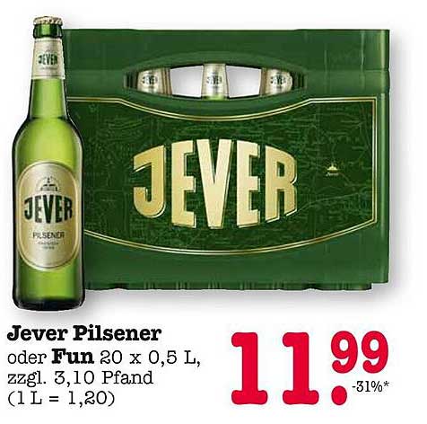 Jever Pilsener oder Fun 20 x 0,5 L, zzgl. 3,10 Pfand (1 L = 1,20)