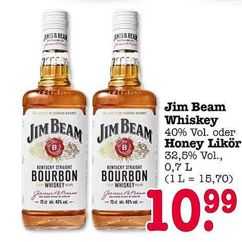 Jim Beam Whiskey 40% Vol. oder Honey Likör 32,5% Vol., 0,7 L