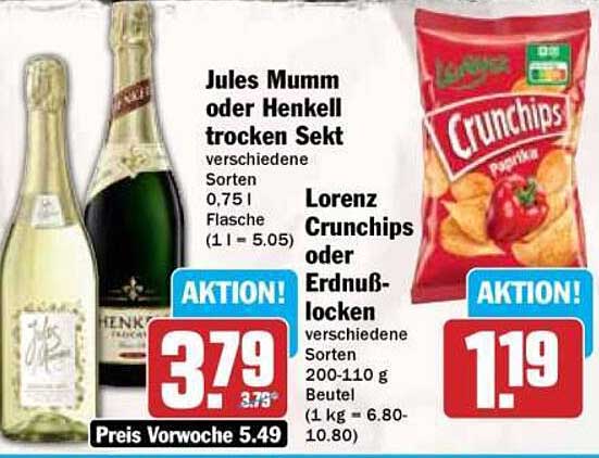 Jules Mumm oder Henkel trockener Sekt 0,75 l & Lorenz Crunchips oder Erdnusslocken