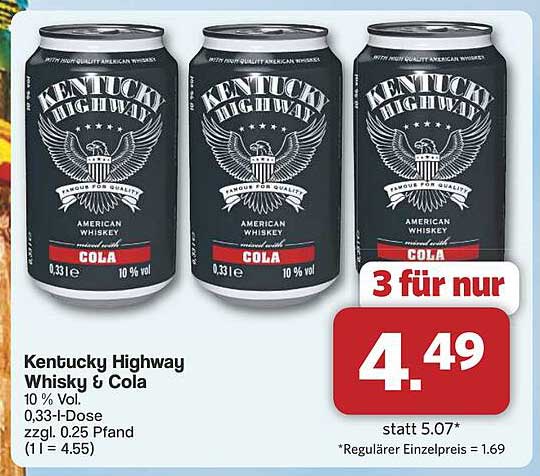 Kentucky Highway Whisky & Cola 10 % Vol, 0,33 l-Dose, 3 für nur 4,49 €