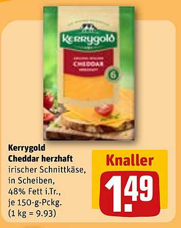 Kerrygold Cheddar herzhaft irischer Schnittkäse in Scheiben, 48% Fett i.Tr., je 150-g-Pckg.