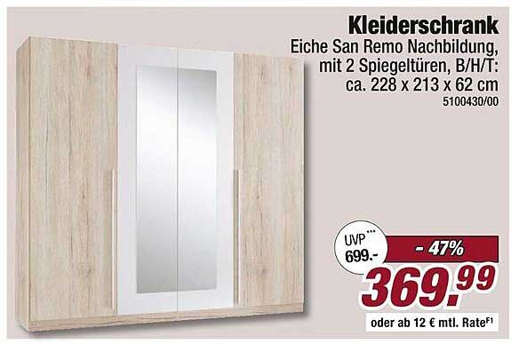 Kleiderschrank Eiche San Remo Nachbildung, mit 2 Spiegeltüren, B/H/T: ca. 228 x 213 x 62 cm