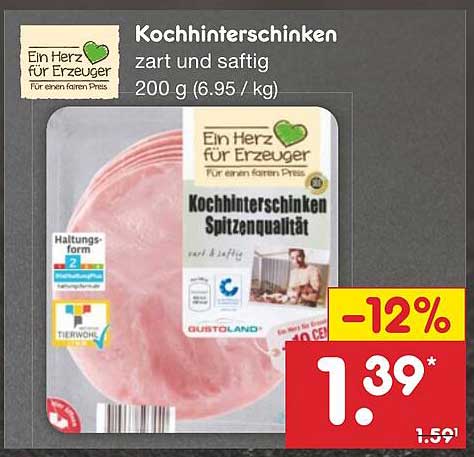 Kochschinken zart und saftig 200 g (6,95 €/kg)