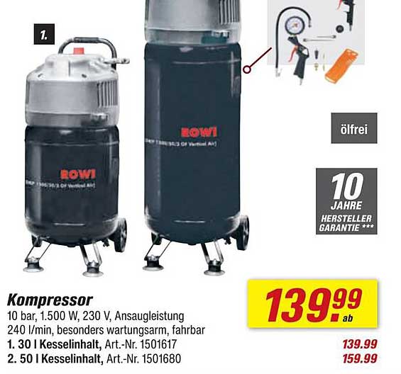 Kompressor ROWI – 1.500 W, 10 bar, 30 l Kesselinhalt
