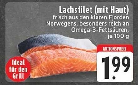 Lachsfilet (mit Haut) frisch aus den klaren Fjorden norwegens, besonders reich an Omega-3-Fettsäuren, je 100 g