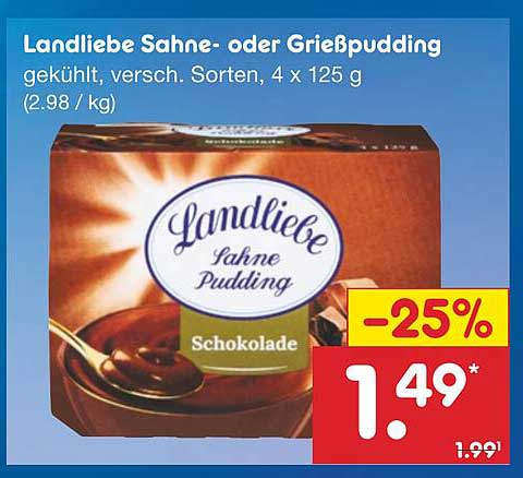 Landliebe Sahne- oder Grießpudding, gekühlt, versch. Sorten, 4 x 125 g