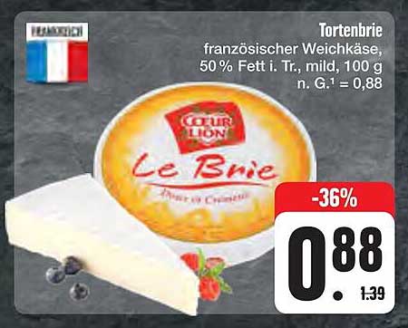 Le Brie Tortenbrie, französischer Weichkäse, 50 % Fett i. Tr., mild, 100 g