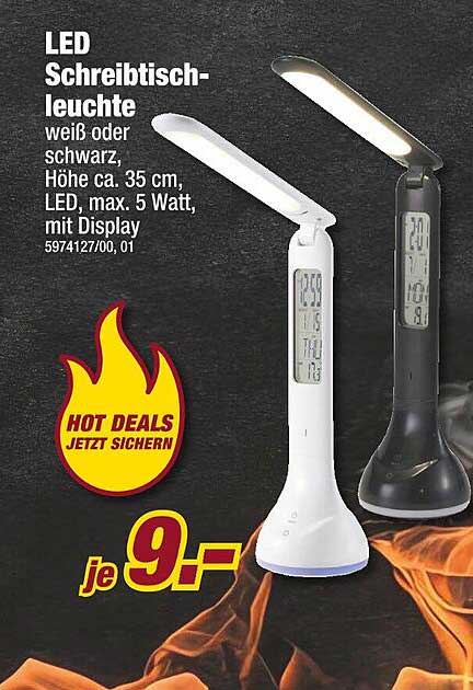 LED Schreibtischleuchte weiß oder schwarz, Höhe ca. 35 cm, LED, max. 5 Watt, mit Display
