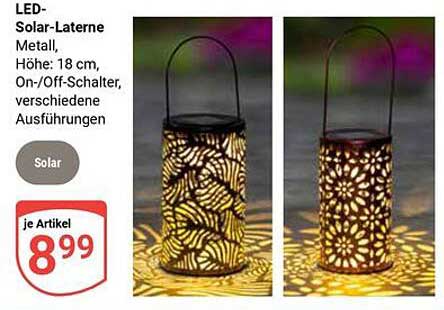 LED-Solar-Laterne Metall, Höhe: 18 cm, On/Off-Schalter, verschiedene Ausführungen