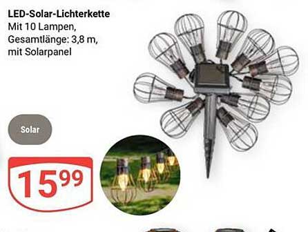 LED-Solar-Lichterkette mit 10 Lampen, Gesamtlänge: 3,8 m, mit Solarpanel