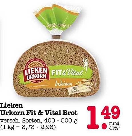 Lieken Urkorn Fit & Vital Brot, 400 - 500 g