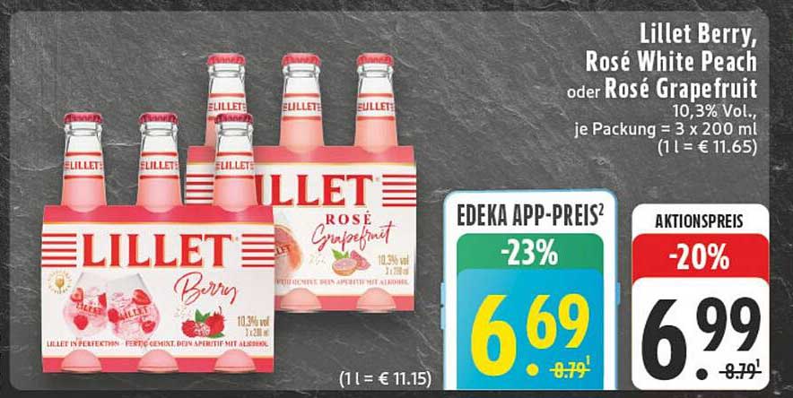 Lillet Berry, Rosé White Peach oder Rosé Grapefruit - 10,3% Vol, je Packung = 3 x 200 ml