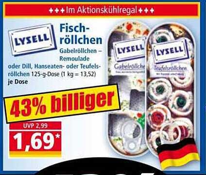 LYSELL Fischröllchen – Gabelröllchen Remoulade oder Dill, Hansesaten- oder Teufelsröllchen 125-g-Dose