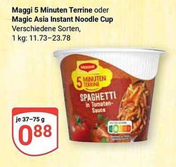 Maggi 5 Minuten Terrine oder Magic Asia Instant Noodle Cup, Spaghetti in Tomatensauce