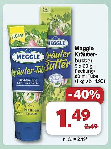 Meggle Kräuterbutter 5 x 20-g-Packung/80-ml-Tube (1 kg ab 14,90)