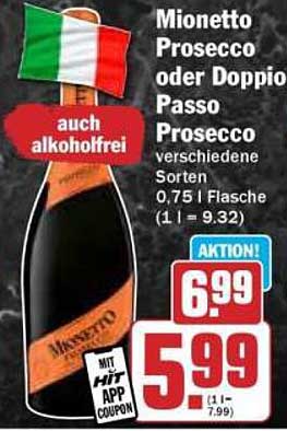 Mionetto Prosecco oder Doppio Passo Prosecco – verschiedene Sorten, 0,75 l Flasche