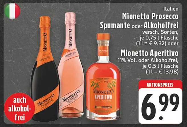 Mionetto Prosecco Spumante oder Alkoholfrei 0,75 L Flasche